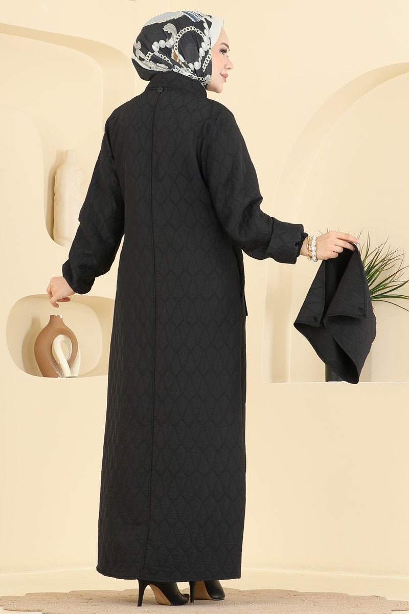 Hooded Quilted Abaya Coat - Black