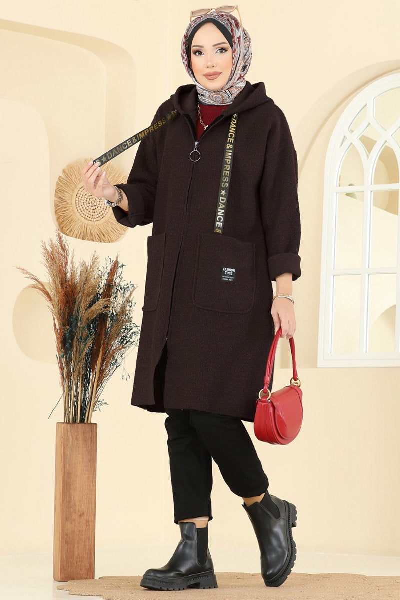 Hooded Plush Cape Coat - Dark Brown