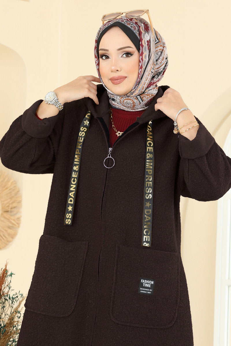 Hooded Plush Cape Coat - Dark Brown