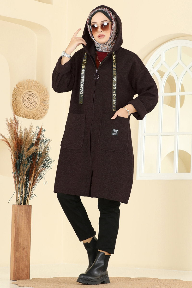 Hooded Plush Cape Coat - Dark Brown