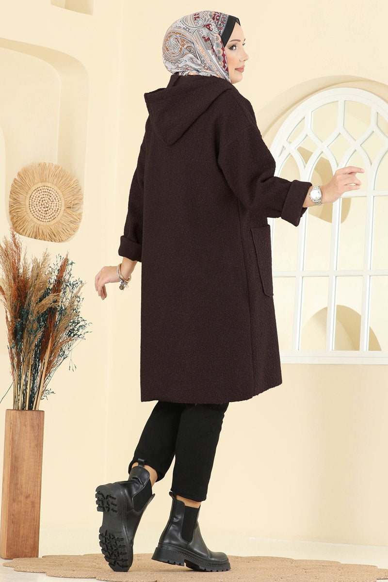 Hooded Plush Cape Coat - Dark Brown