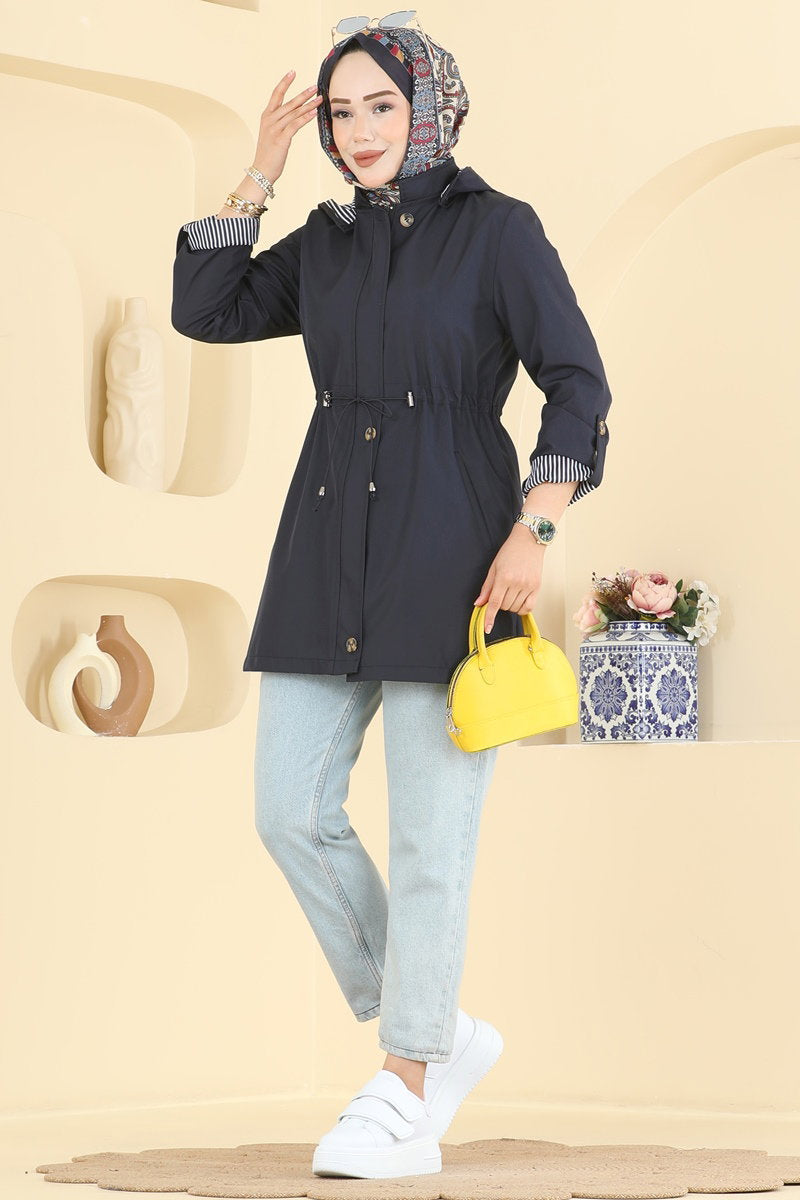 Hooded Bonded Trench Coat - Navy
