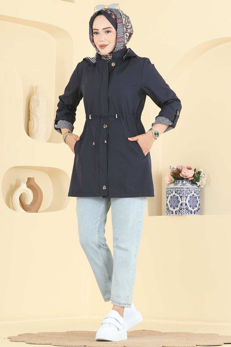 Hooded Bonded Trench Coat - Navy
