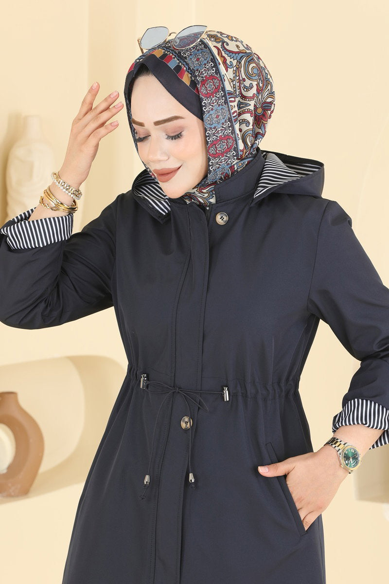 Hooded Bonded Trench Coat - Navy