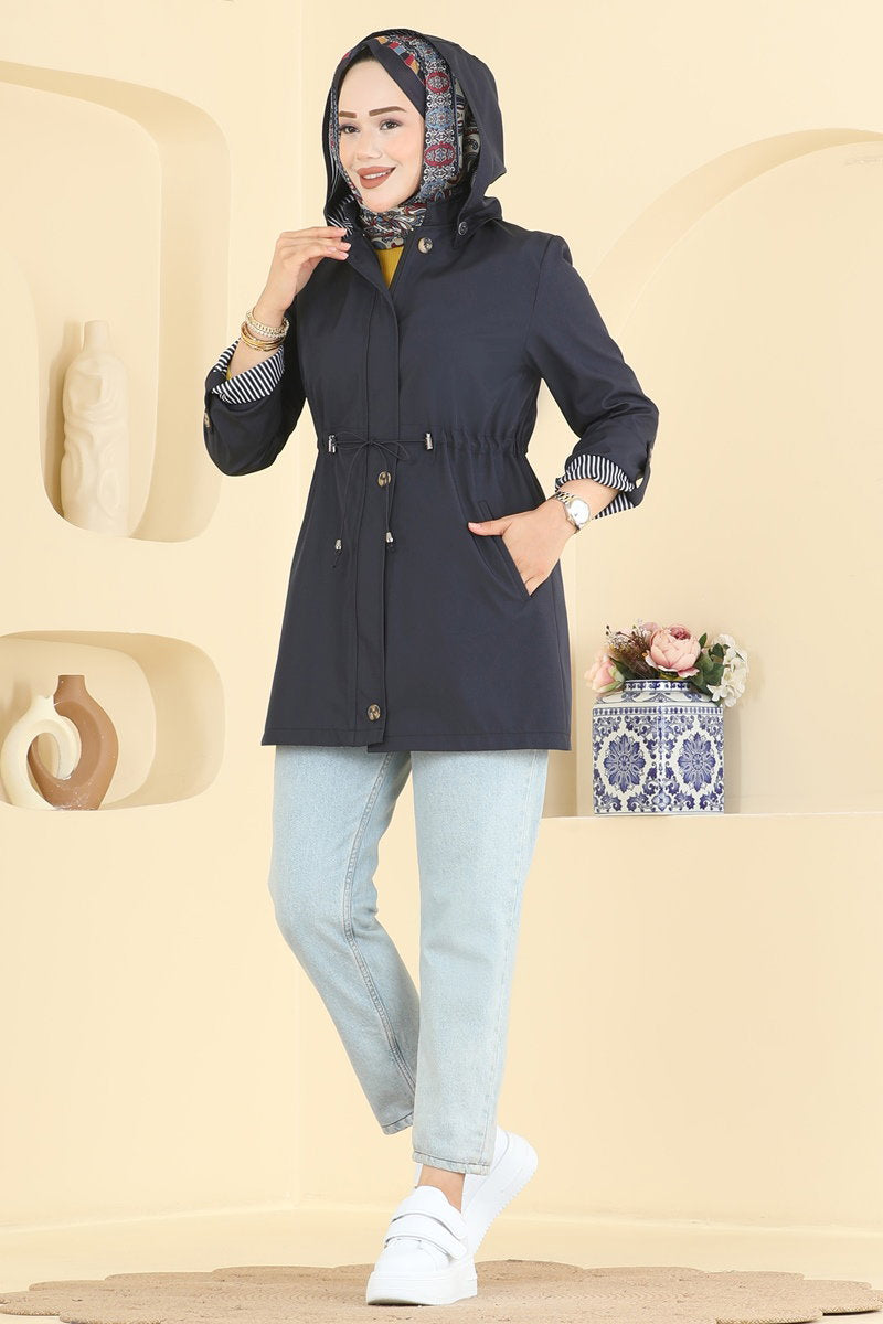 Hooded Bonded Trench Coat - Navy