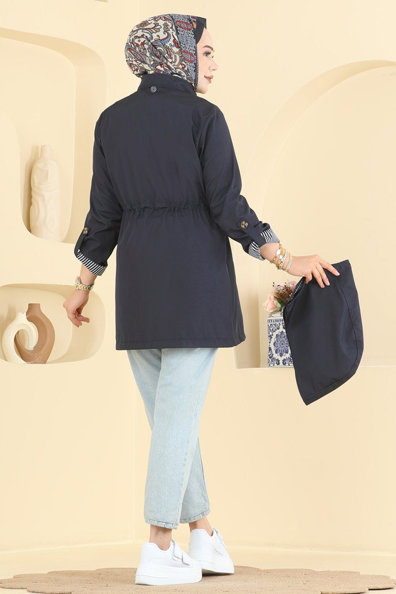 Hooded Bonded Trench Coat - Navy