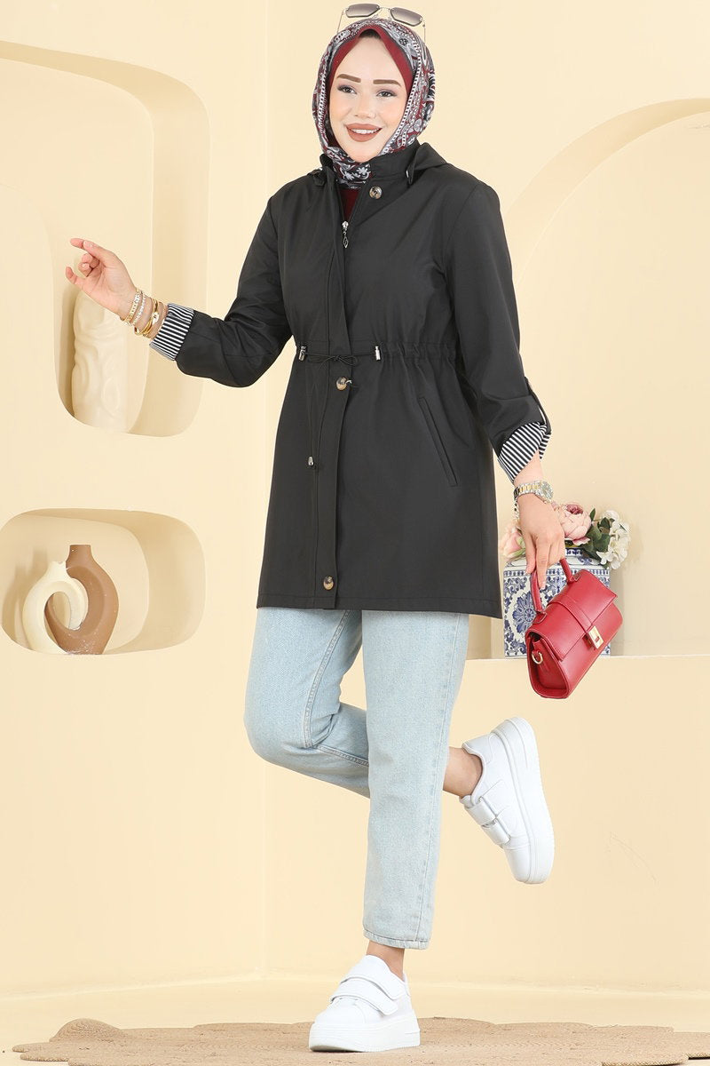 Hooded Bonded Trench Coat - Black