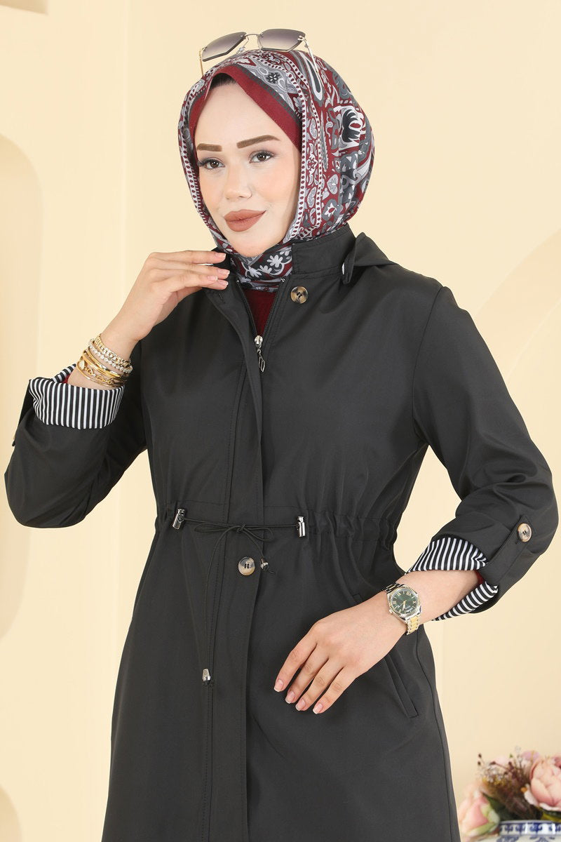 Hooded Bonded Trench Coat - Black