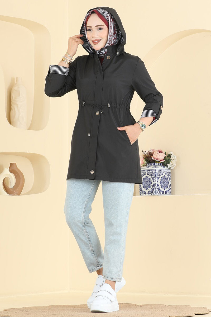 Hooded Bonded Trench Coat - Black