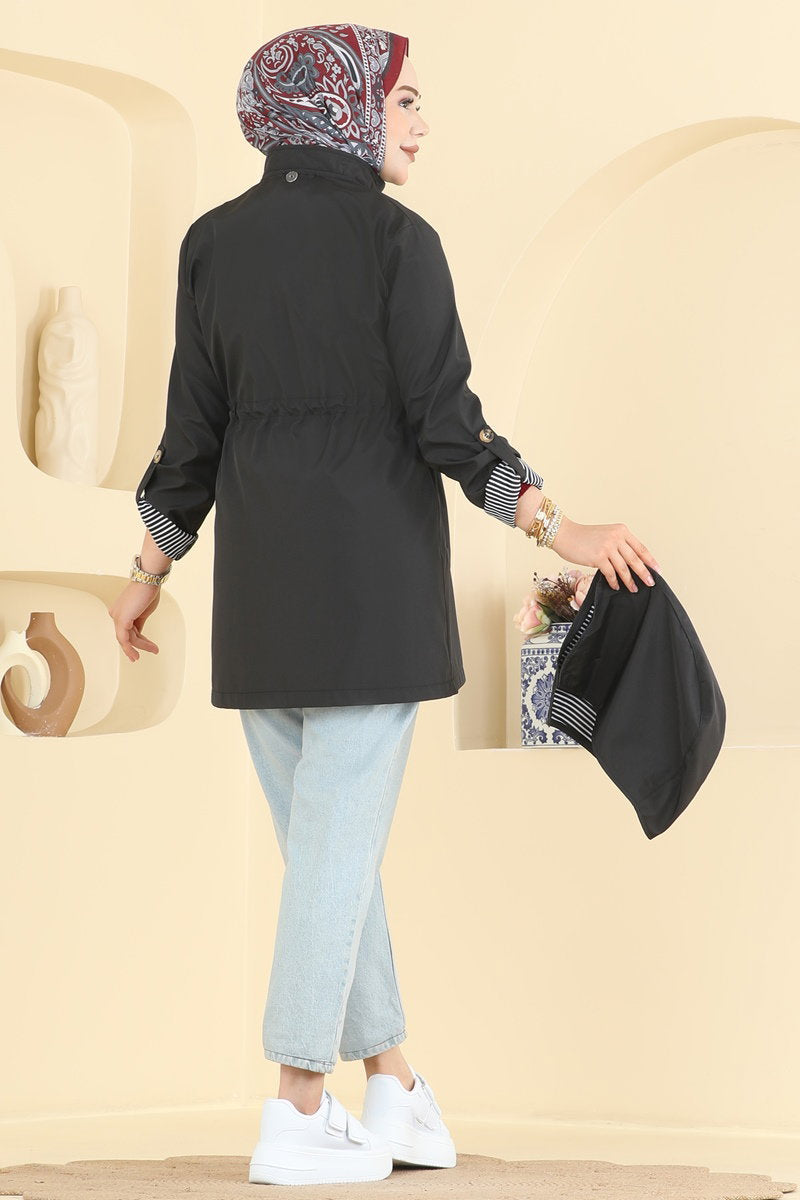 Hooded Bonded Trench Coat - Black