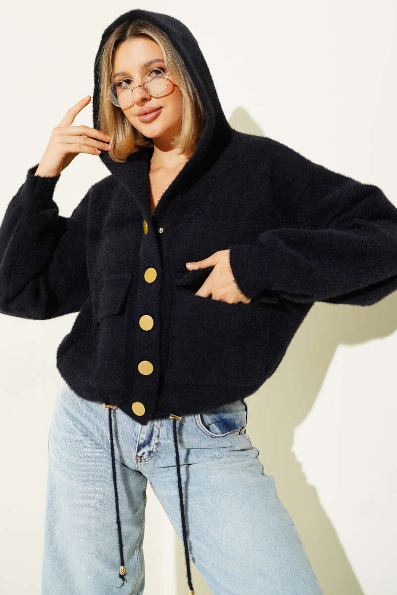 Hooded Snap-Button Cardigan with Pockets - Black
