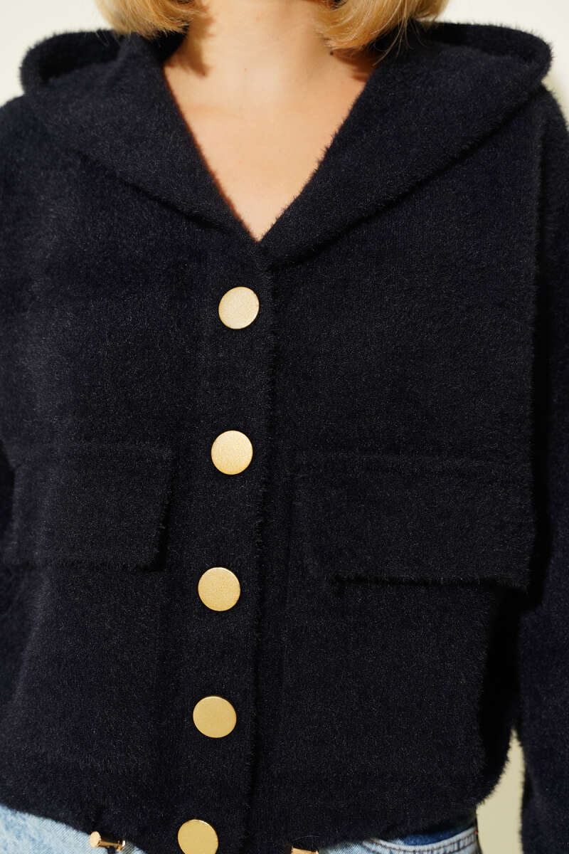 Hooded Snap-Button Cardigan with Pockets - Black