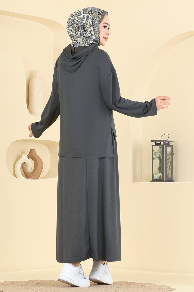 Hooded Modal Two-Piece Skirt Set - Charcoal