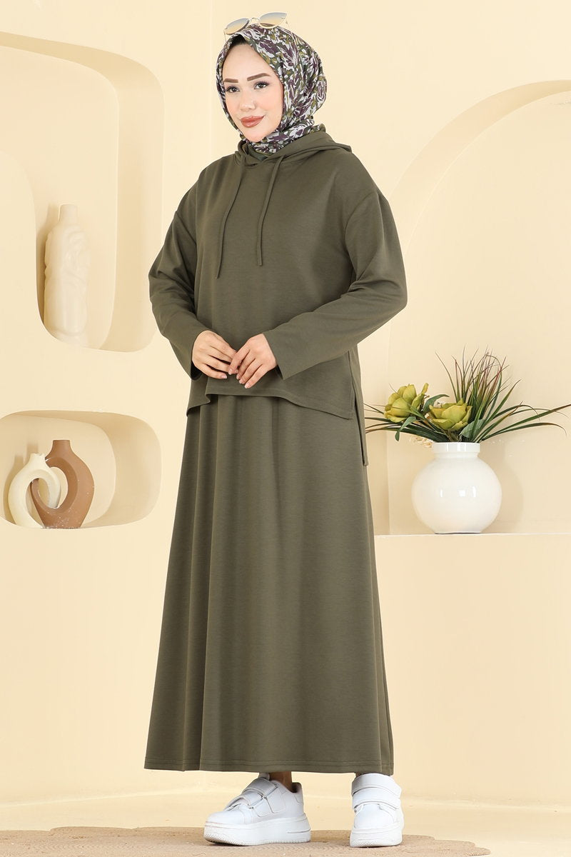 Hooded Modal Two-Piece Skirt Set - Khaki