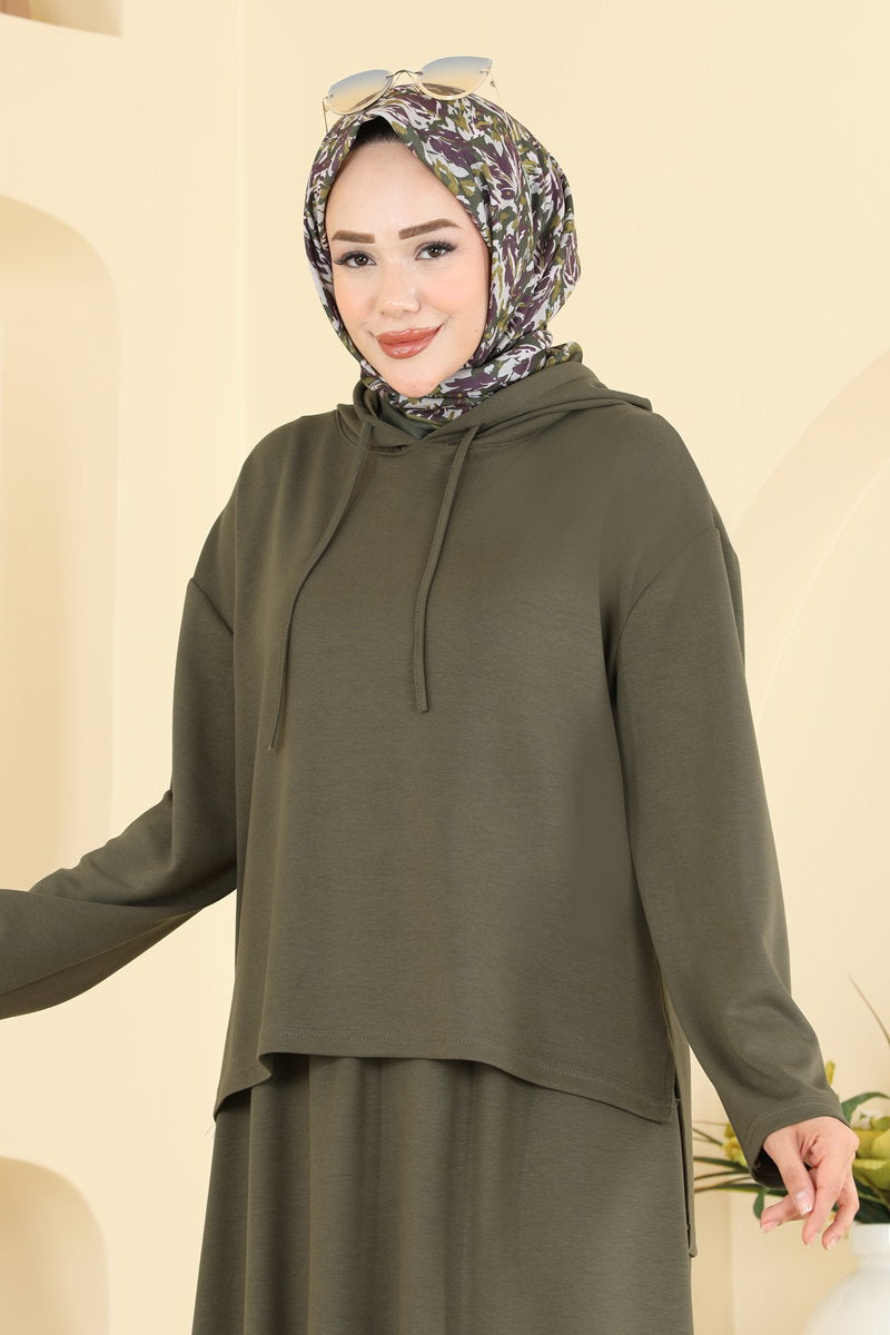 Hooded Modal Two-Piece Skirt Set - Khaki