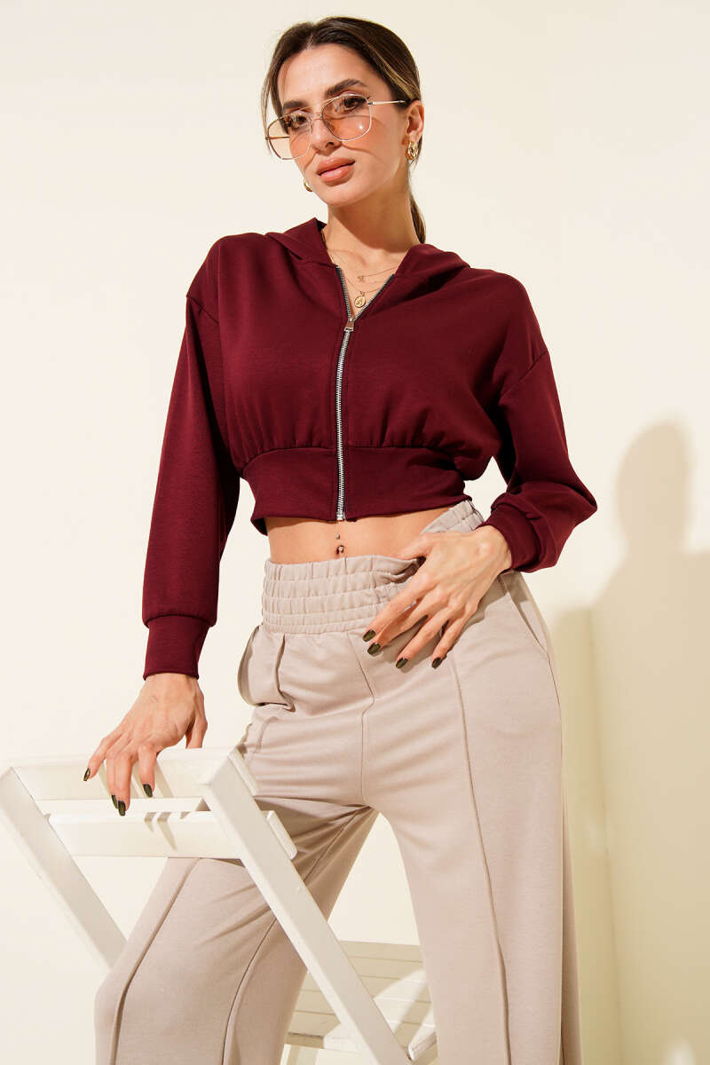 Short Hooded Zip Cardigan - Burgundy