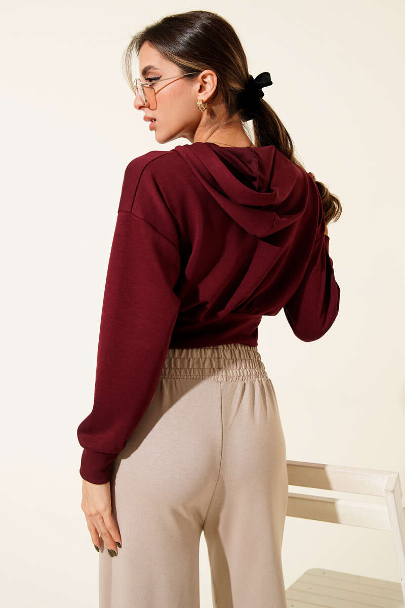 Short Hooded Zip Cardigan - Burgundy