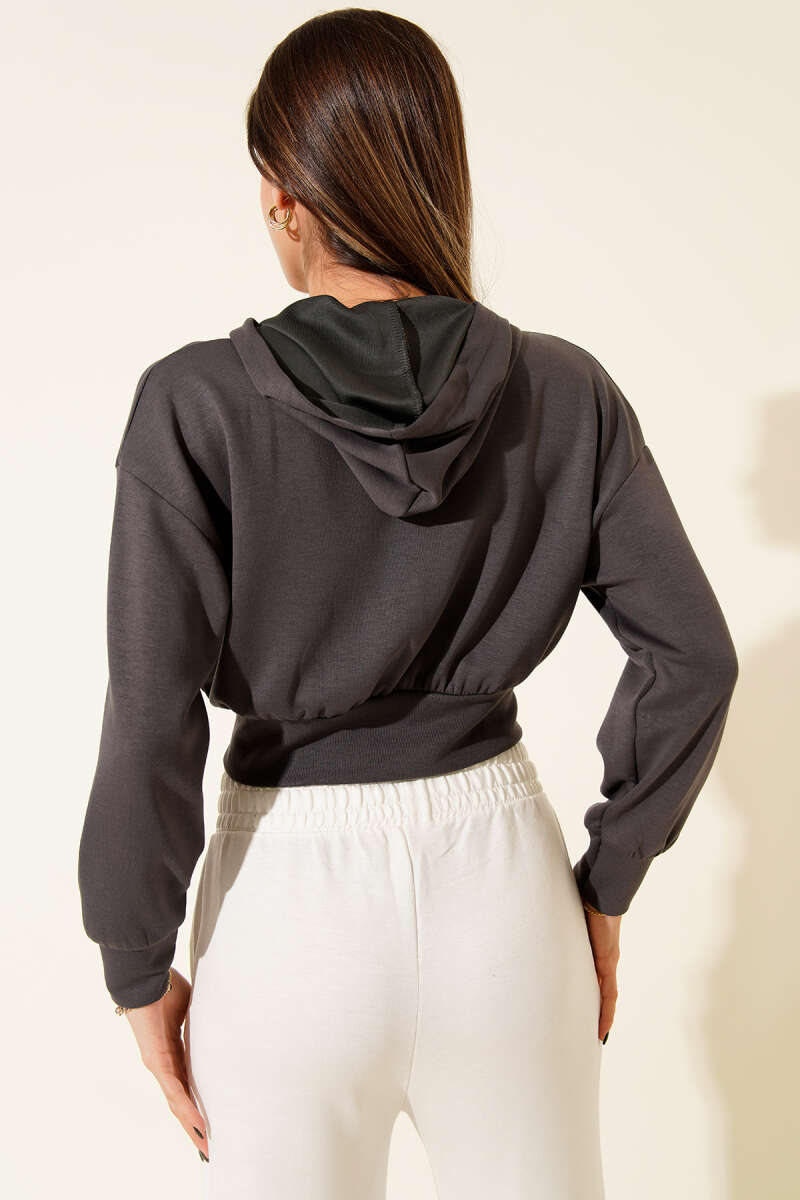 Short Hooded Zip Cardigan - Smoke Grey