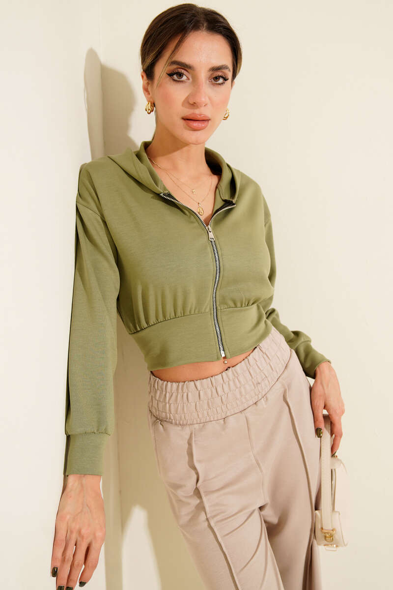 Short Hooded Zip Cardigan - Khaki