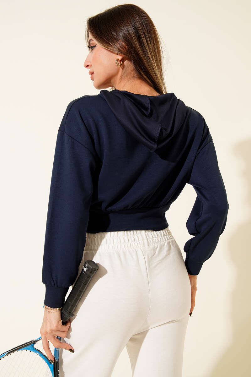 Short Hooded Zip Cardigan - Navy