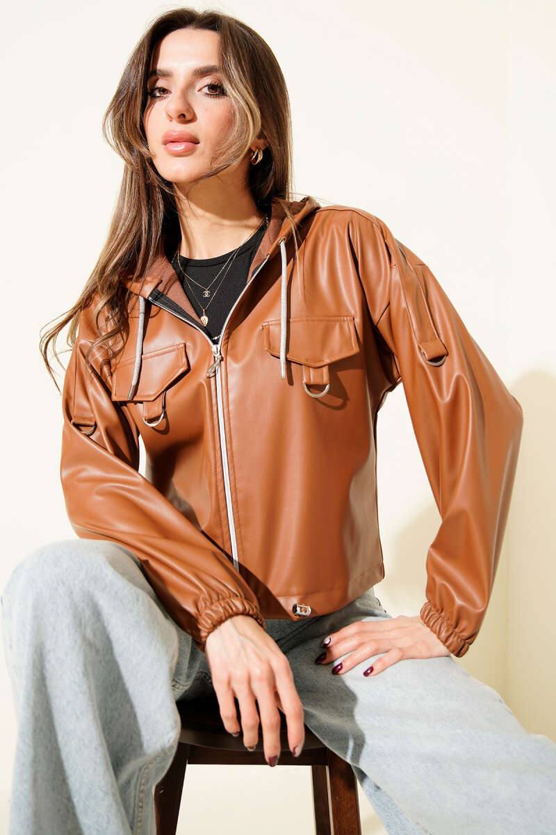 Short Hooded Faux Leather Jacket - Tan