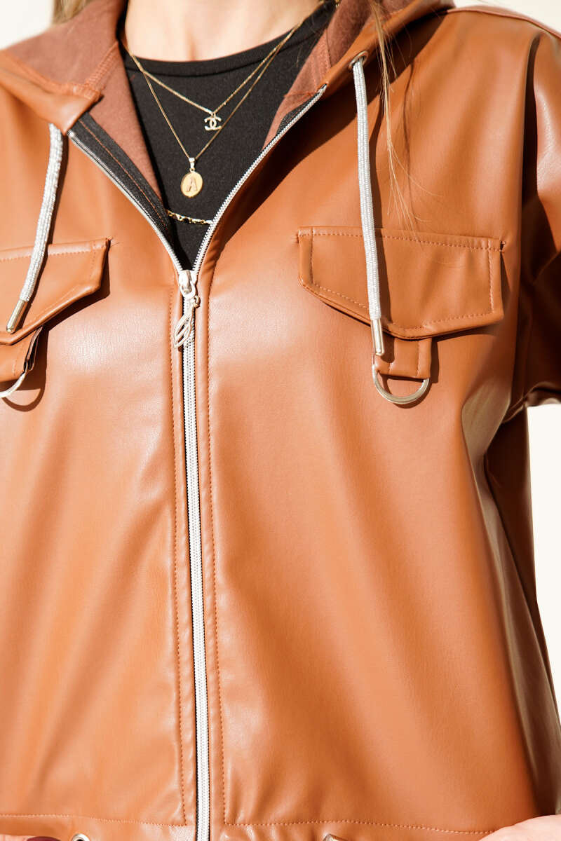 Short Hooded Faux Leather Jacket - Tan