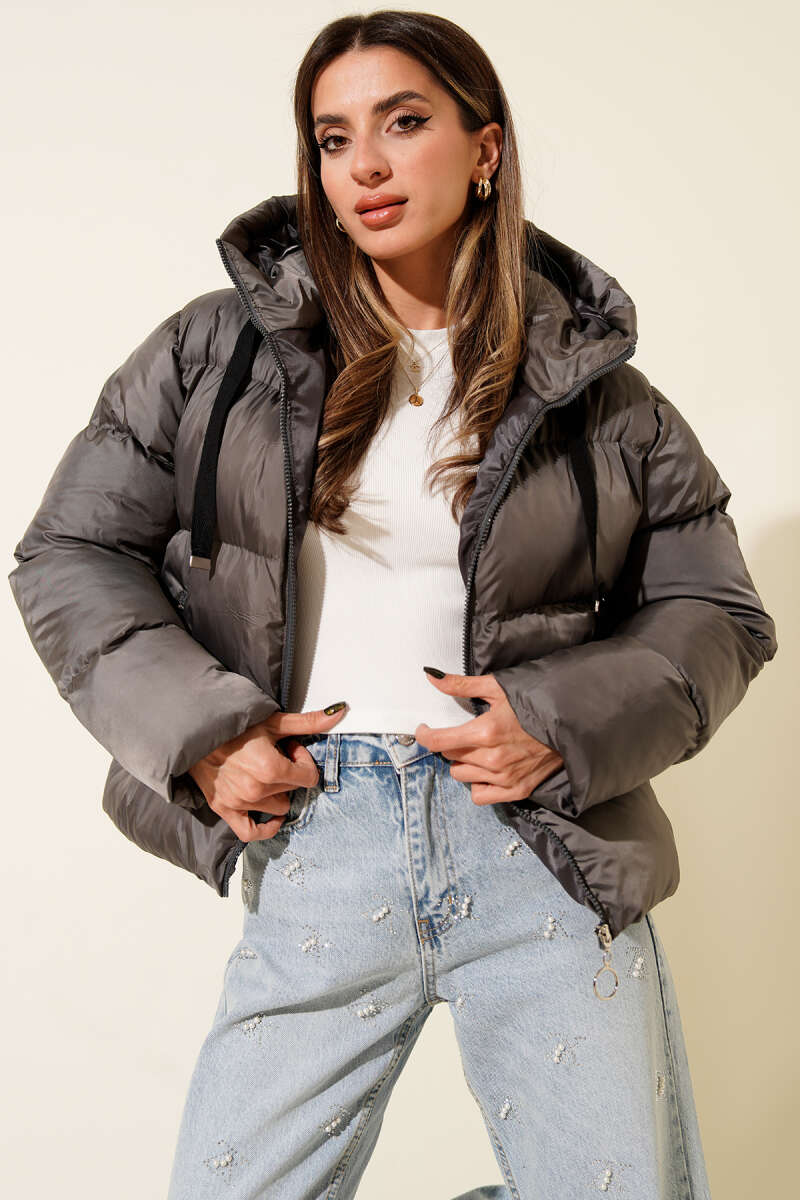 Short Hooded Puffer Jacket - Smoke Grey
