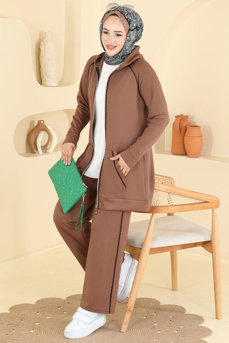 Hooded Stripe-Trim Two-Piece Set - Milk Coffee