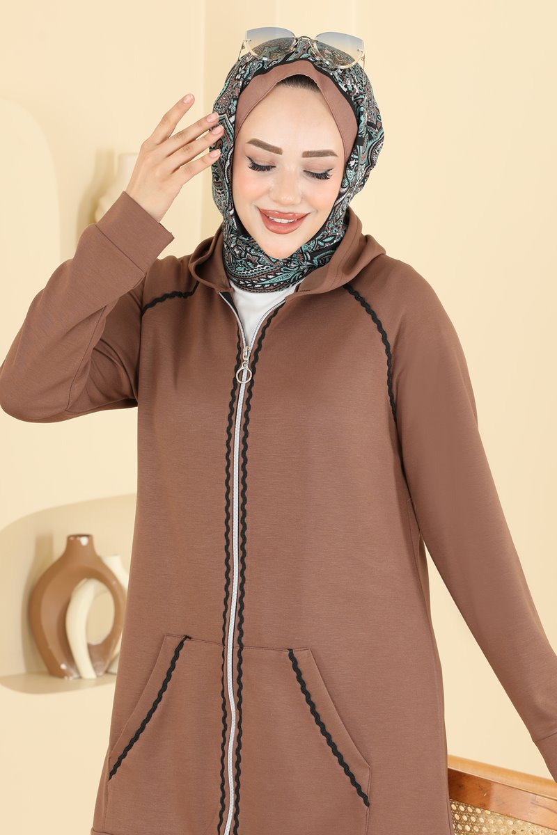 Hooded Stripe-Trim Two-Piece Set - Milk Coffee