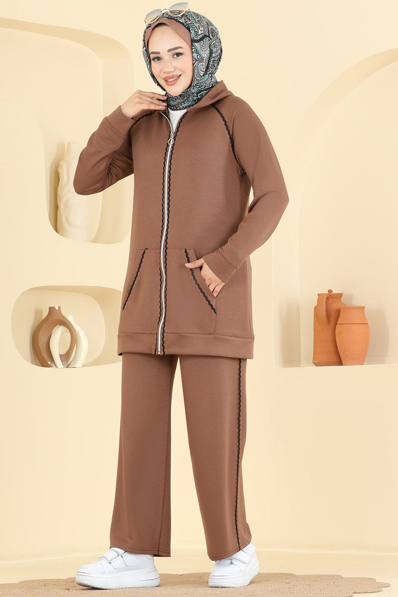 Hooded Stripe-Trim Two-Piece Set - Milk Coffee