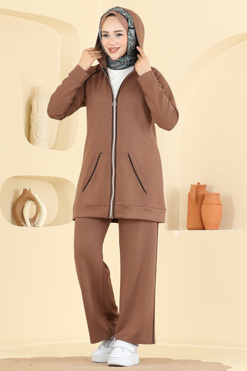 Hooded Stripe-Trim Two-Piece Set - Milk Coffee