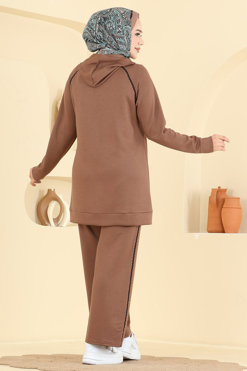 Hooded Stripe-Trim Two-Piece Set - Milk Coffee