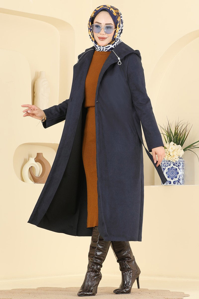 Hooded Suede Cape Coat - Navy