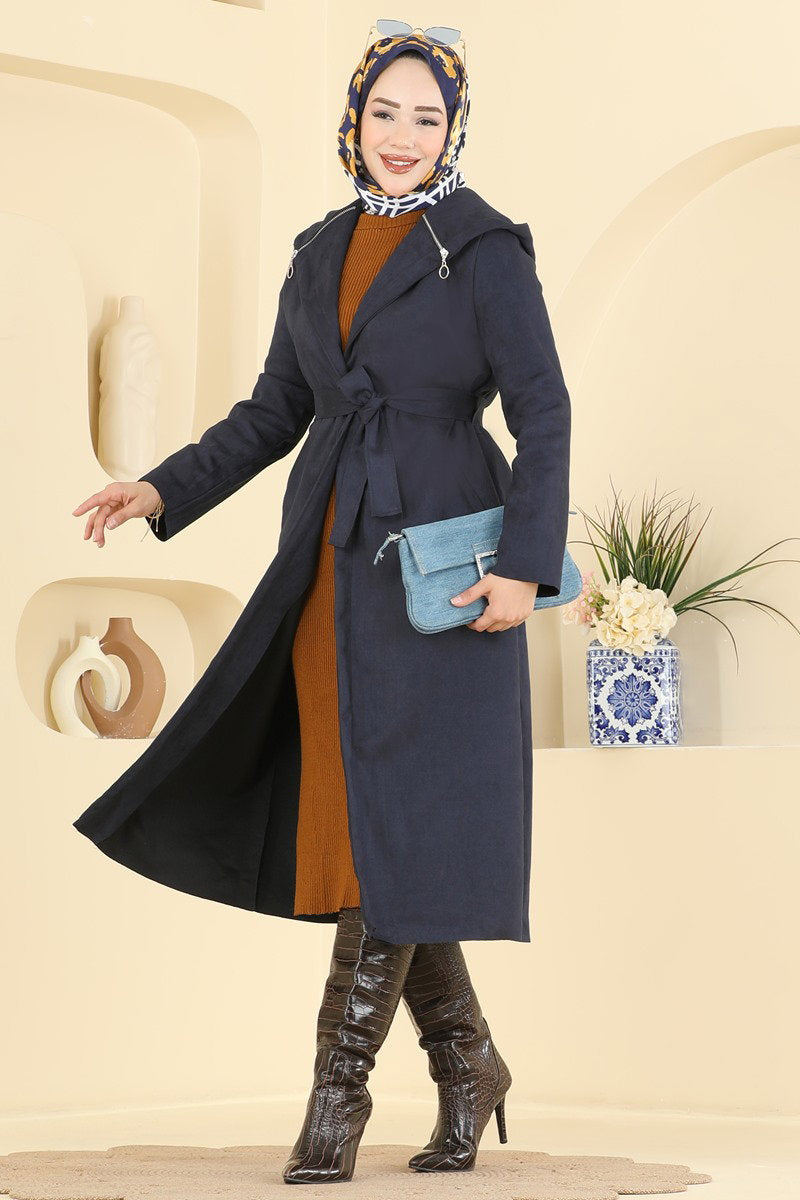 Hooded Suede Cape Coat - Navy
