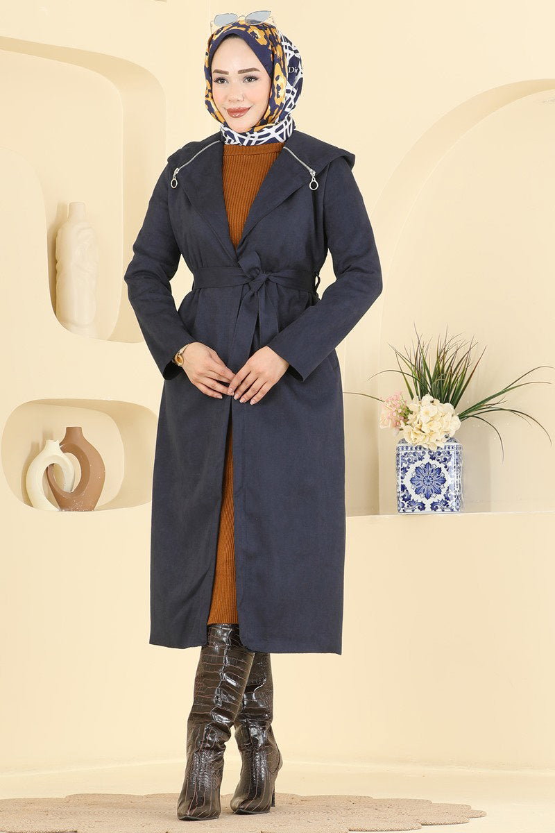 Hooded Suede Cape Coat - Navy