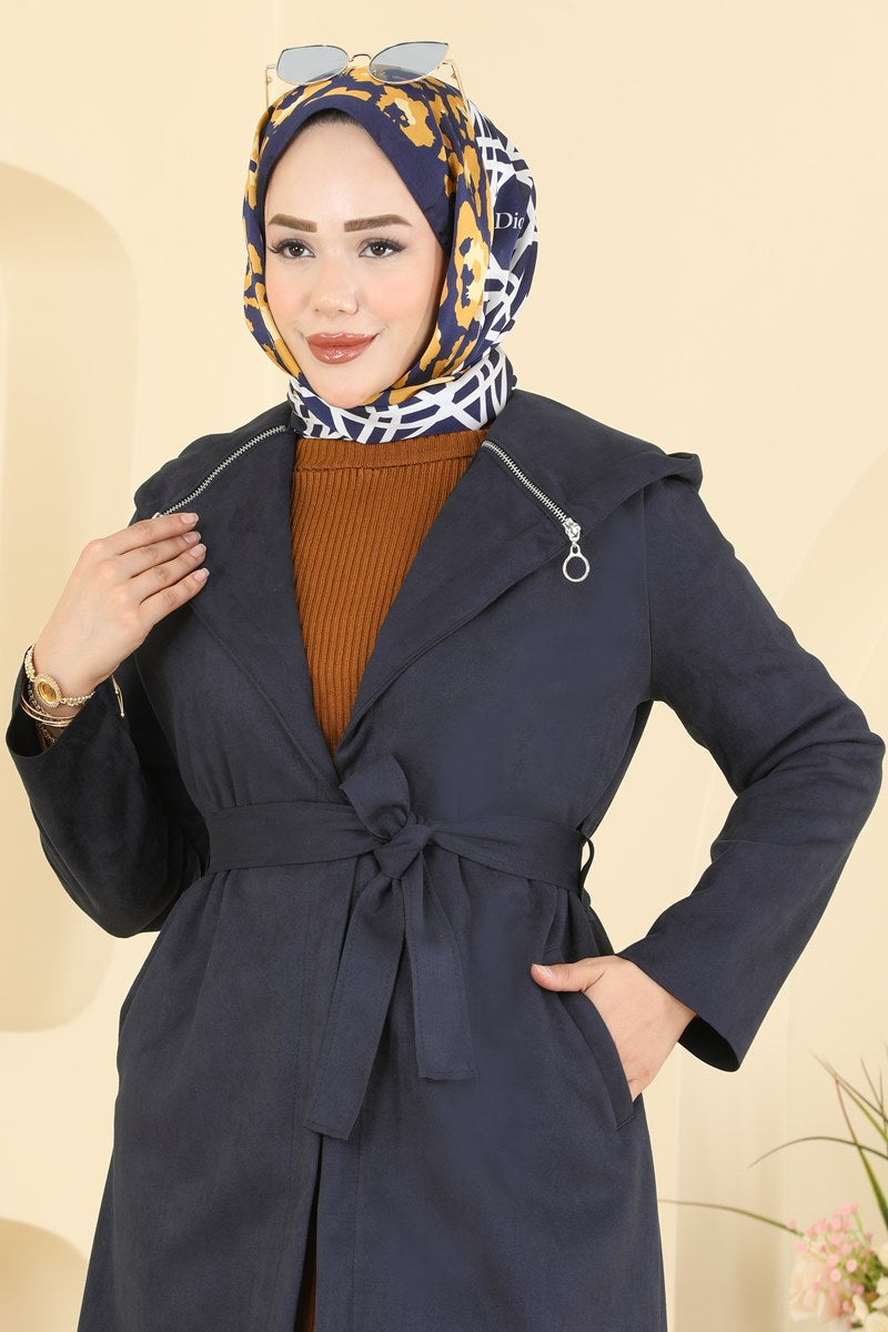 Hooded Suede Cape Coat - Navy
