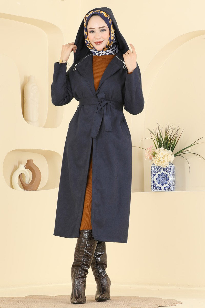Hooded Suede Cape Coat - Navy