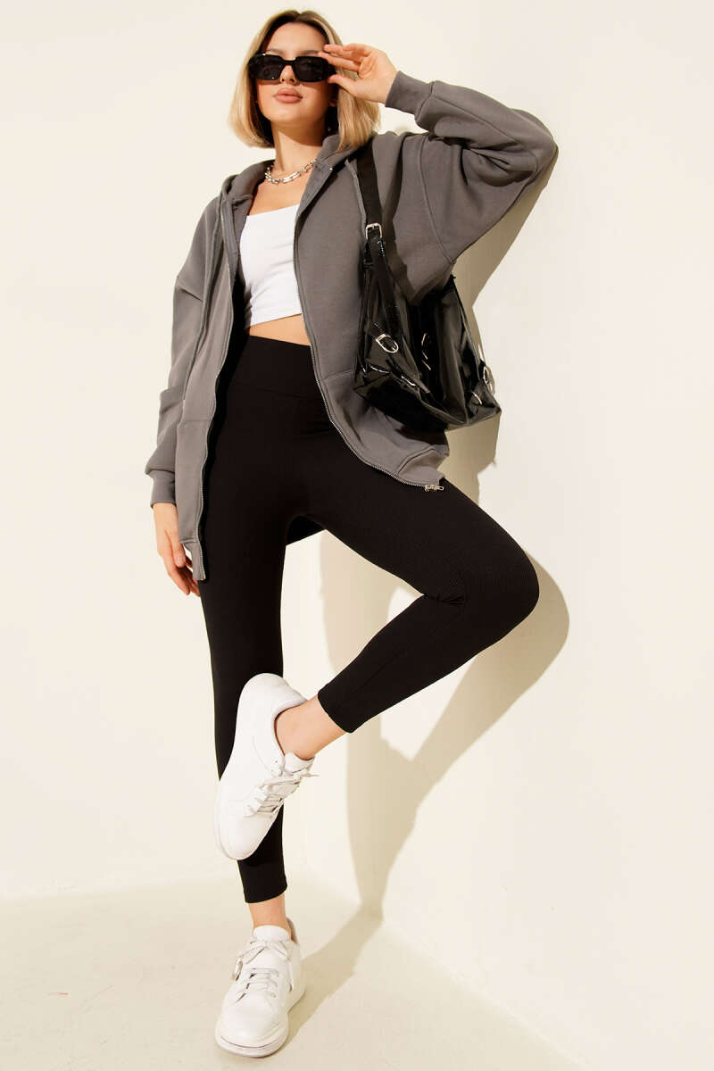 Hooded Three-Thread Zip Cardigan - Grey