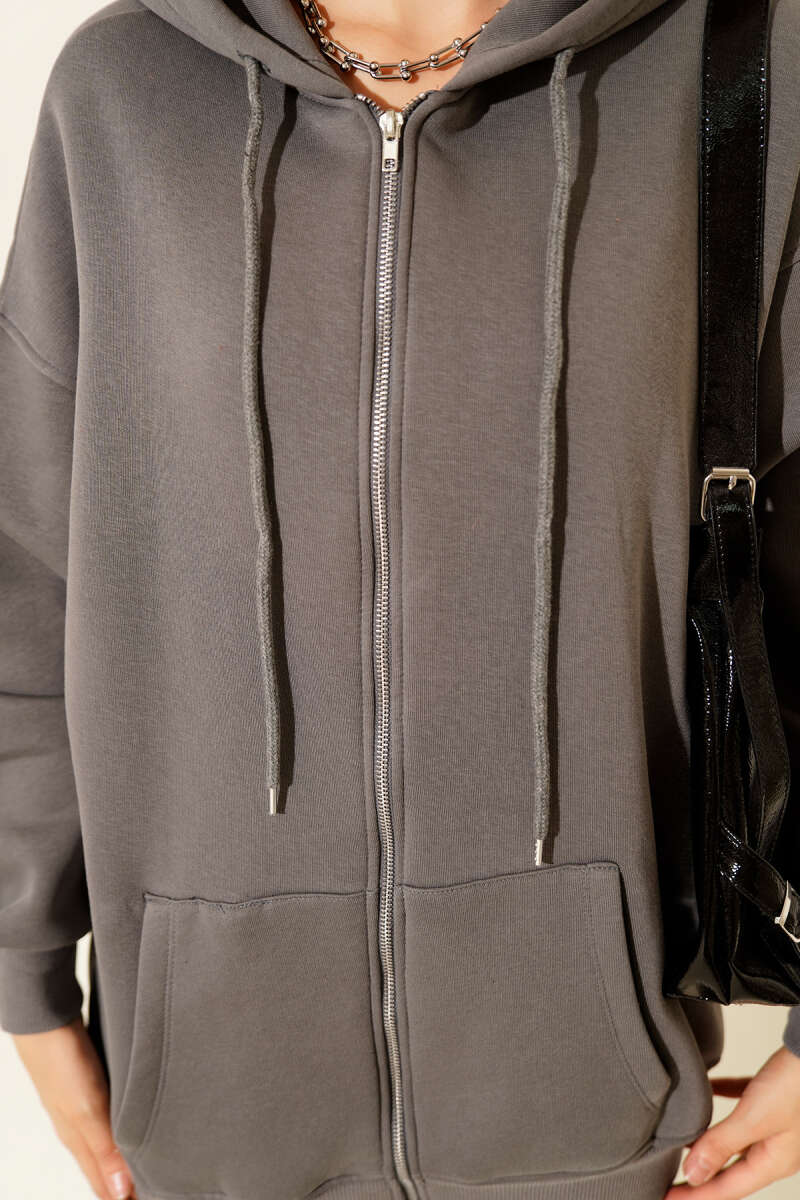 Hooded Three-Thread Zip Cardigan - Grey