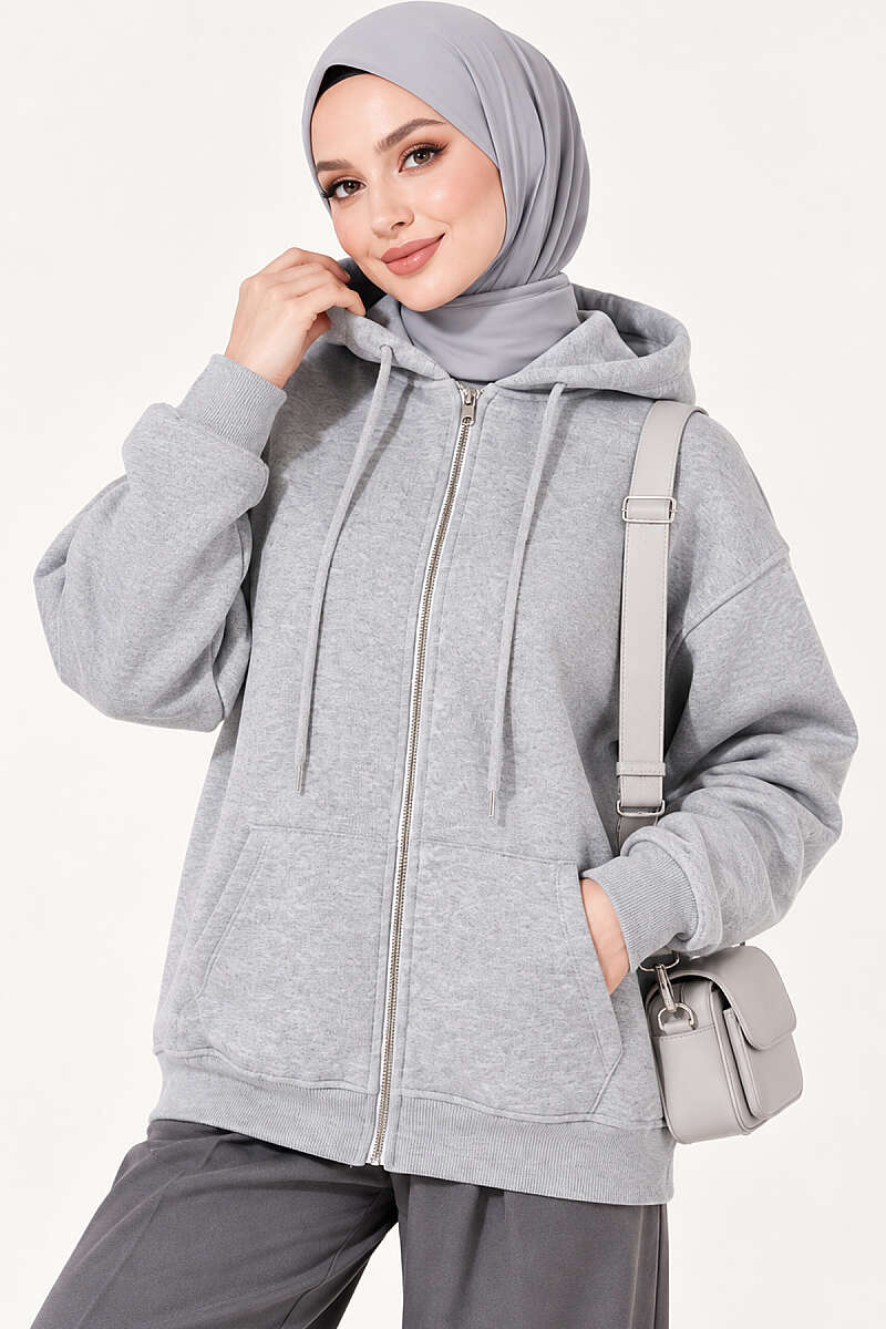 Hooded Three-Thread Zip Cardigan - Heather Grey