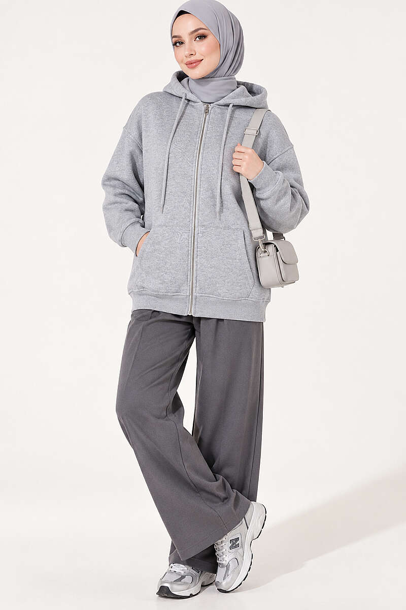 Hooded Three-Thread Zip Cardigan - Heather Grey