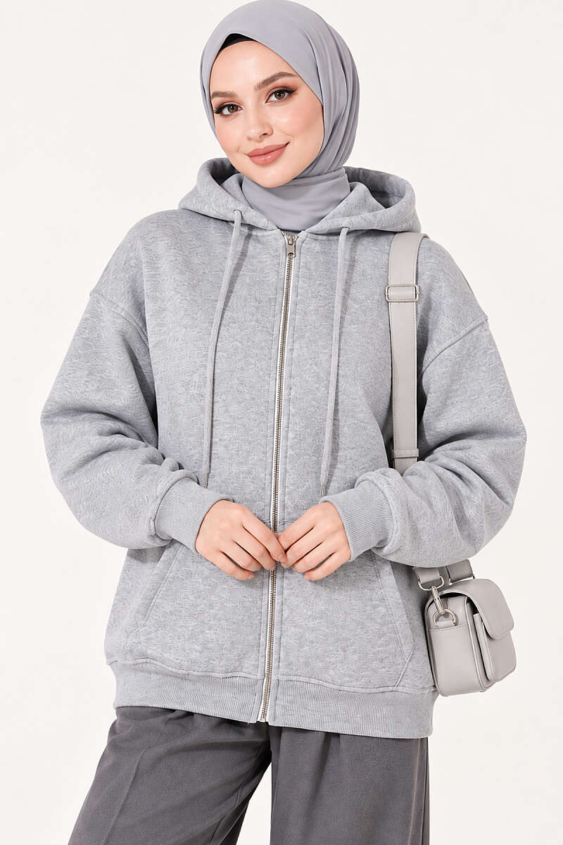 Hooded Three-Thread Zip Cardigan - Heather Grey