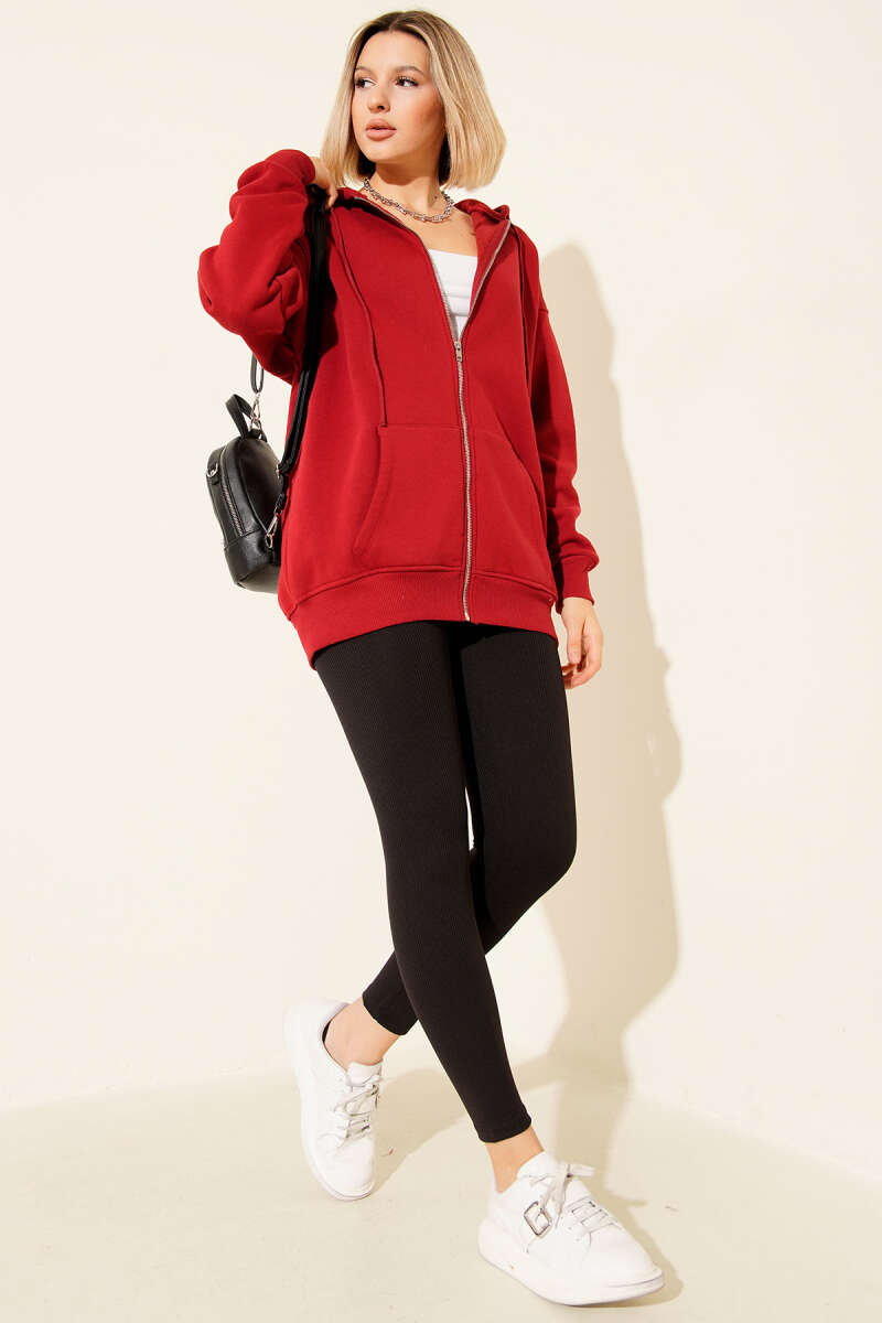 Hooded Three-Thread Zip Cardigan - Red