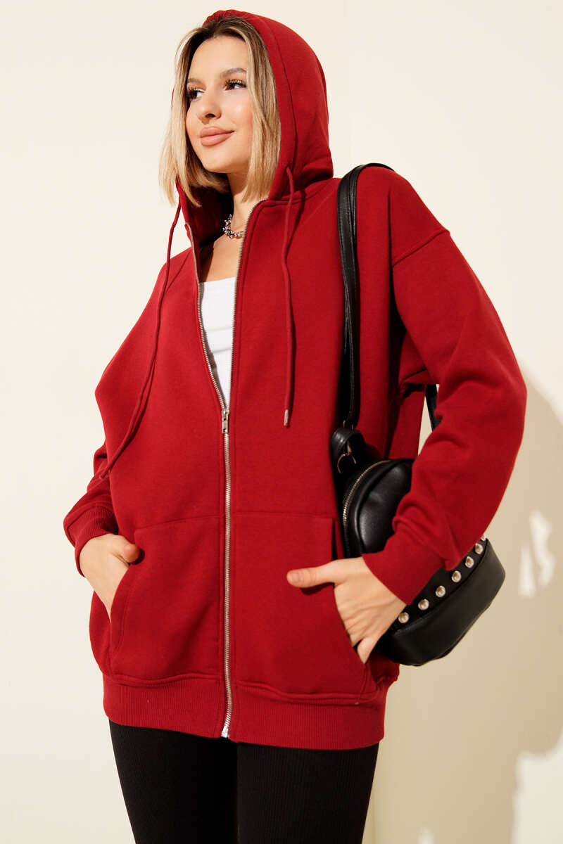 Hooded Three-Thread Zip Cardigan - Red