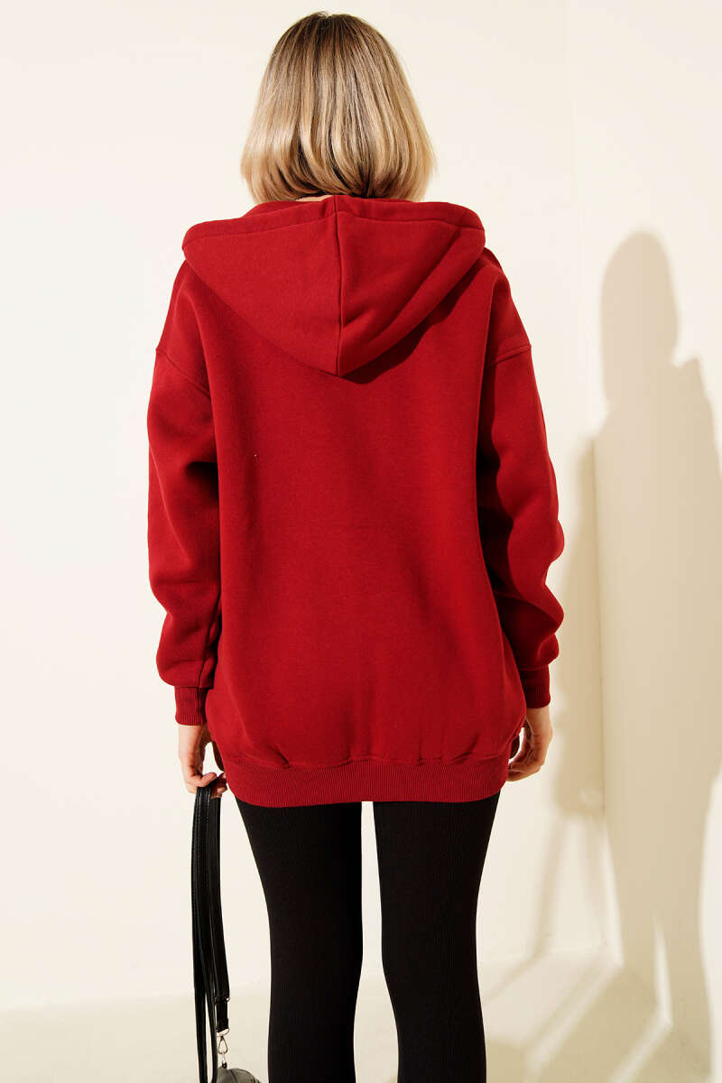 Hooded Three-Thread Zip Cardigan - Red