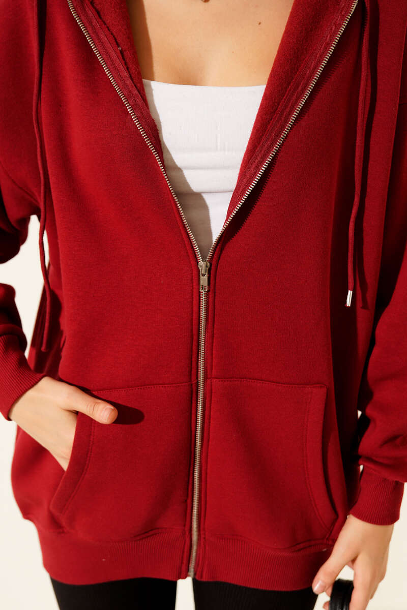 Hooded Three-Thread Zip Cardigan - Red