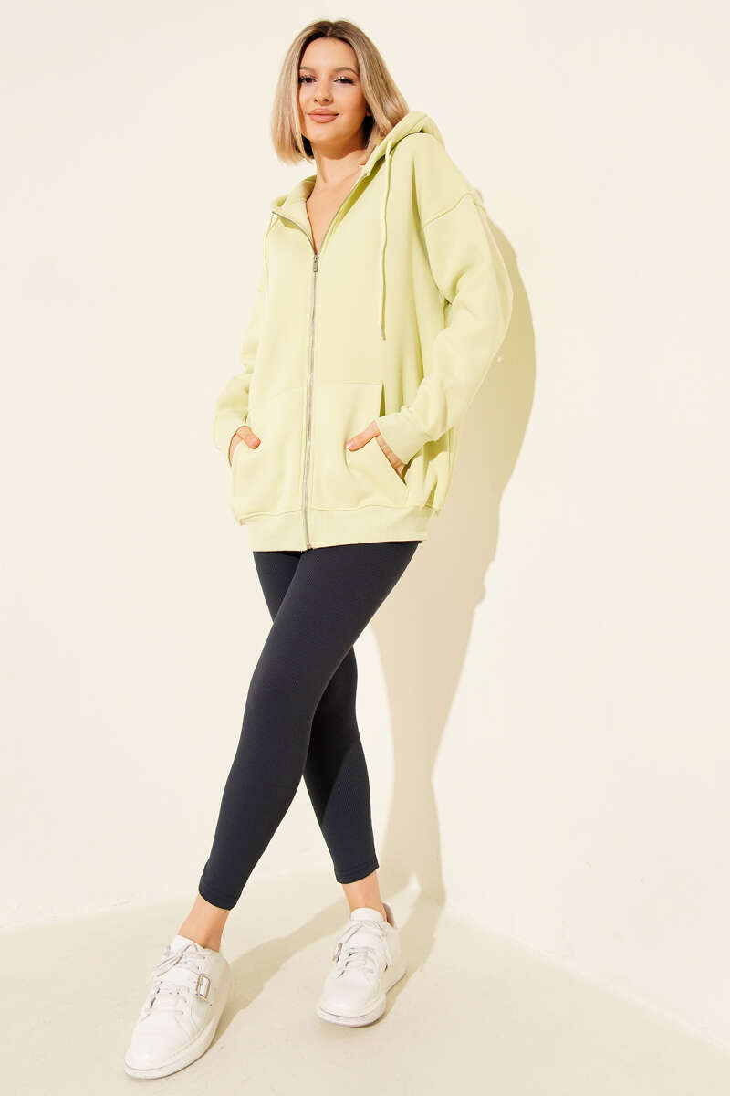 Hooded Three-Thread Zip Cardigan - Lime