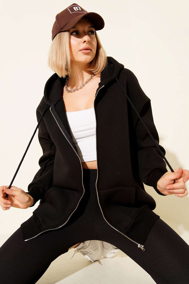 Hooded Three-Thread Zip Cardigan - Black