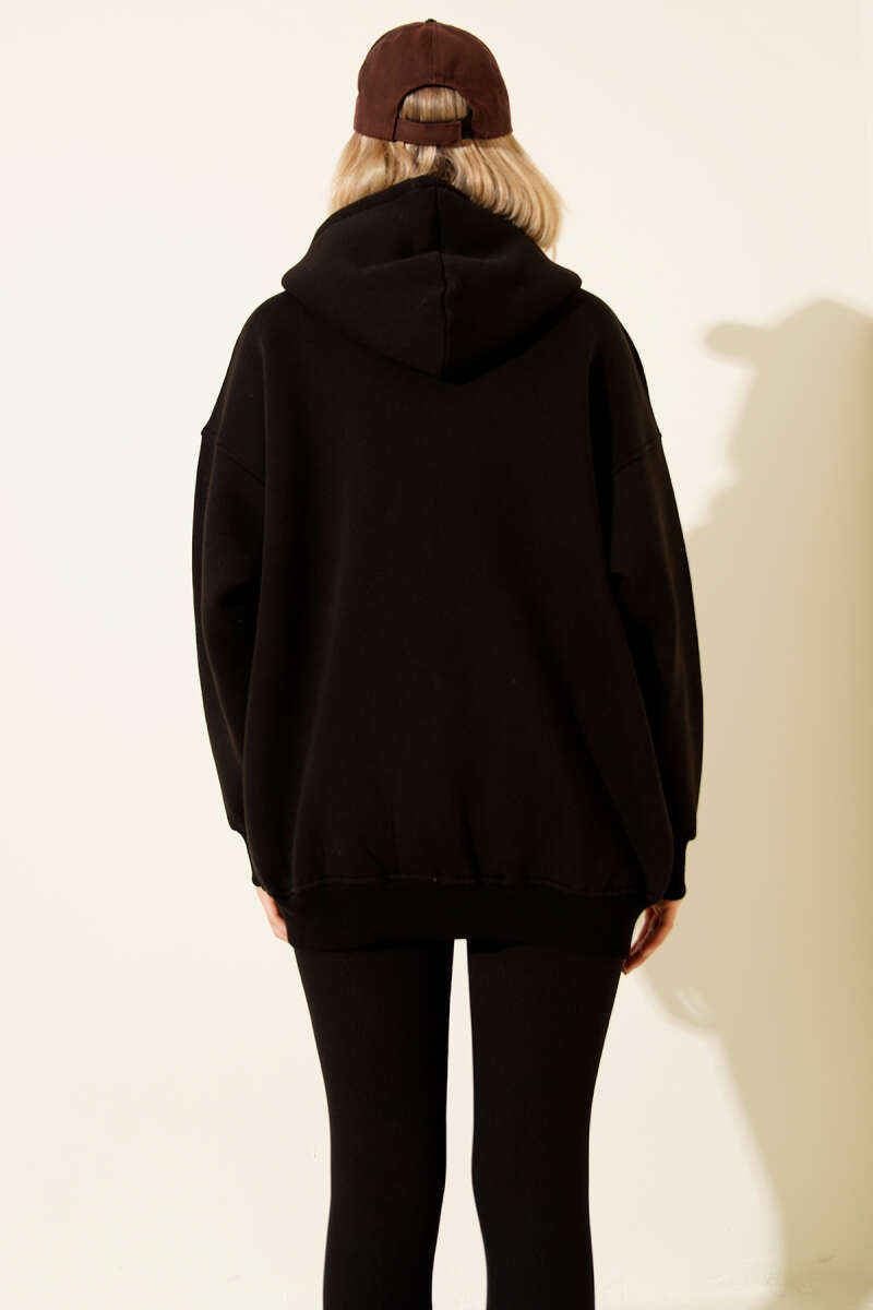Hooded Three-Thread Zip Cardigan - Black