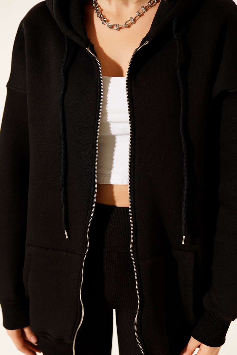 Hooded Three-Thread Zip Cardigan - Black